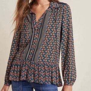 ANTHRO I Blue Motif Janie Flounced Peasant Ruffled Peplum Blouse Top by Maeve, 4